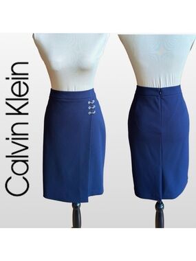 Calvin Klein Navy Faux Wrap Ring Detail Pencil Skirt (8)